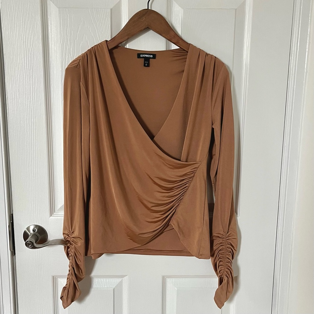 Express Ruched Wrap Front V-Neck Blouse